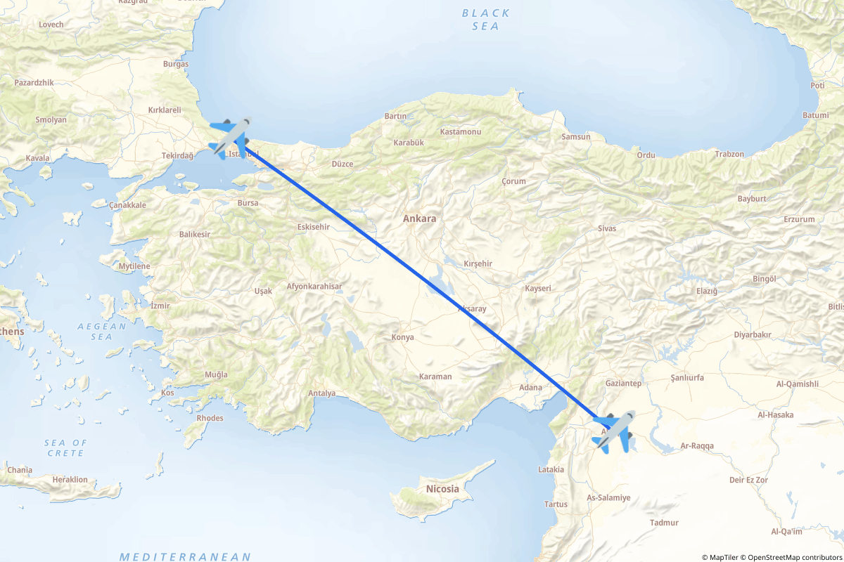 Map of the Arnavutköy, Istanbul to Aleppo route