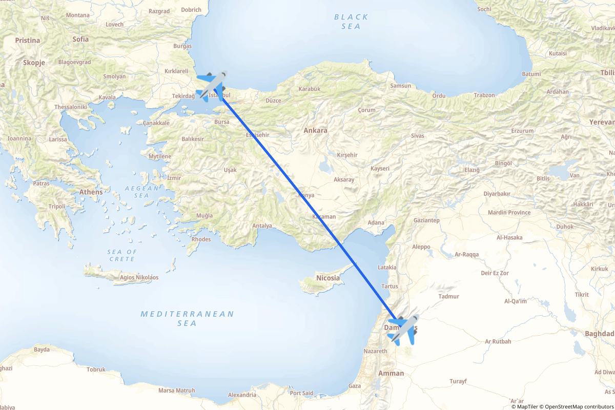 Map of the Arnavutköy, Istanbul to Damascus route