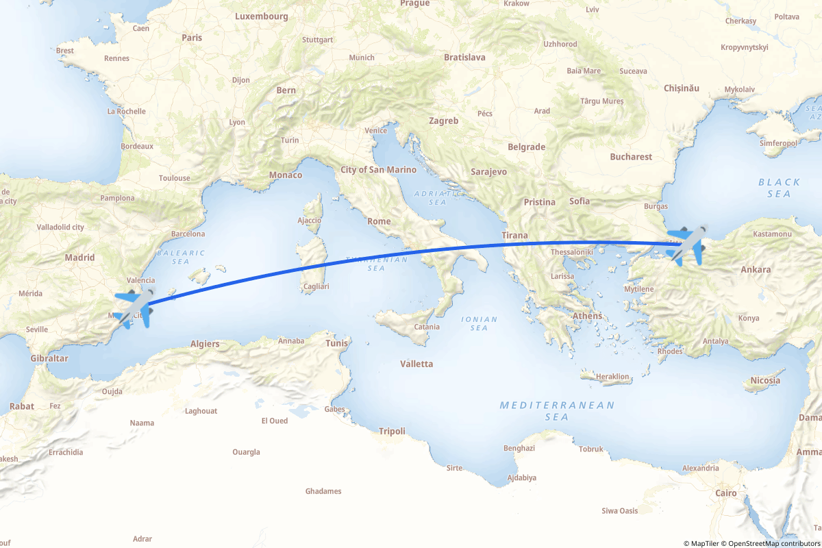 Map of the Pendik, Istanbul to Alicante route