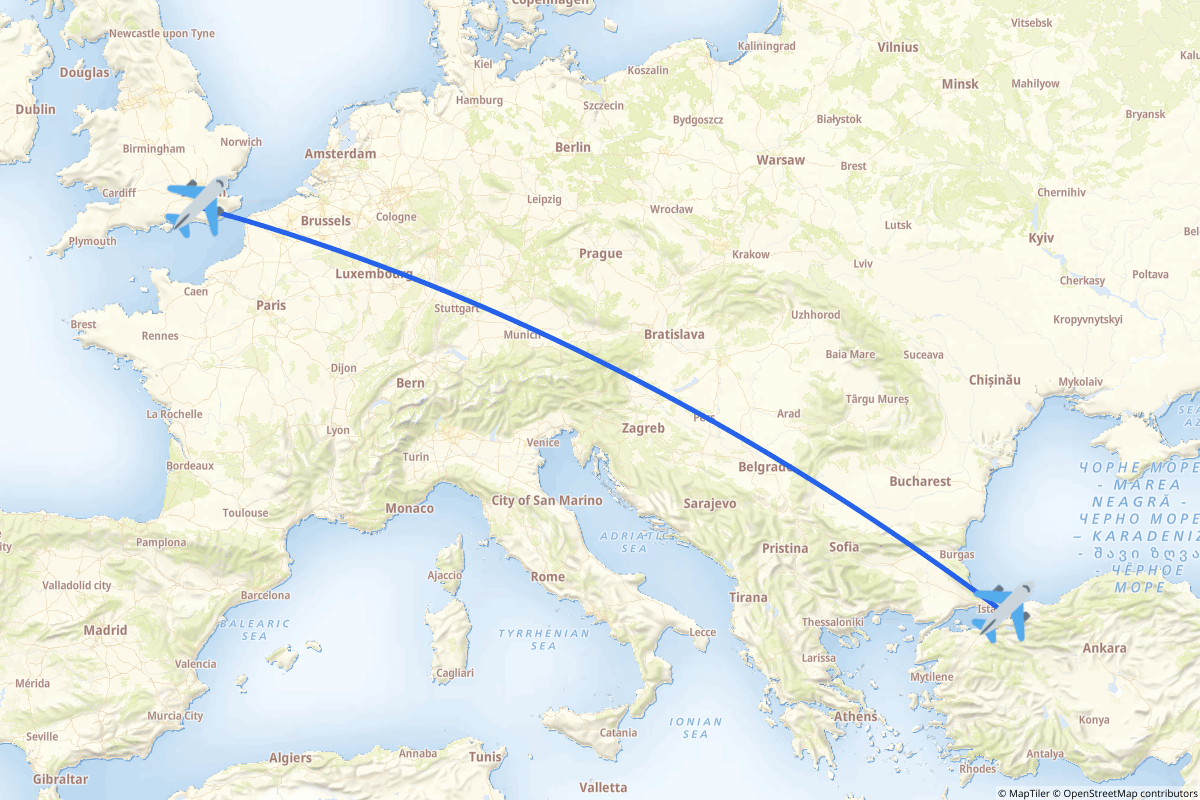 Map of the Pendik, Istanbul to London route