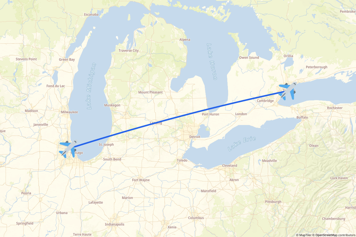 Map of the Toronto to Chicago route