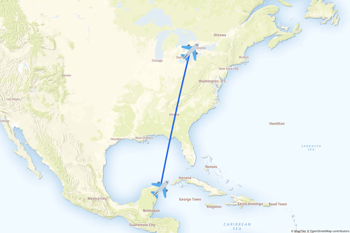 Map of the London to Cancún route