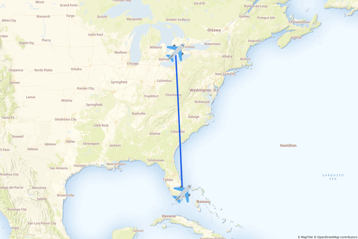 Map of the London to Fort Lauderdale route