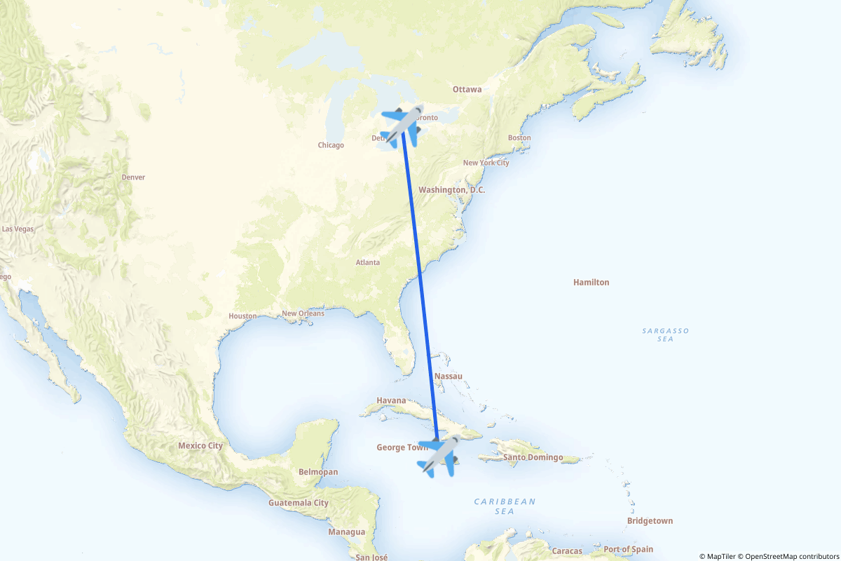 Map of the London to Montego Bay route
