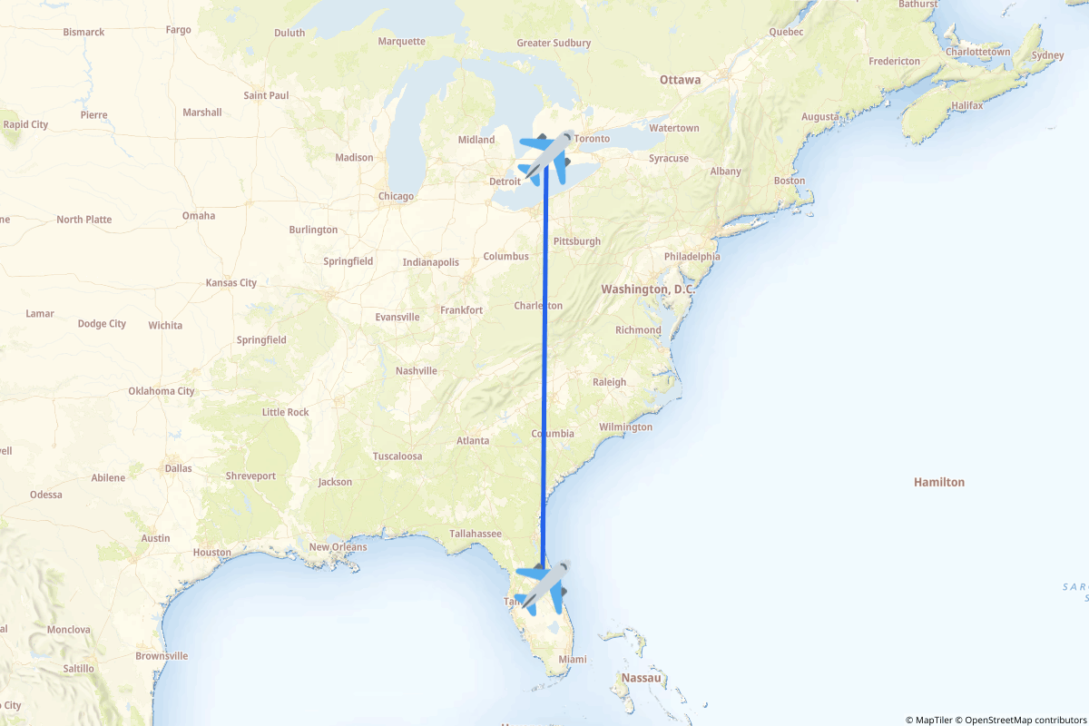 Map of the London to Orlando route