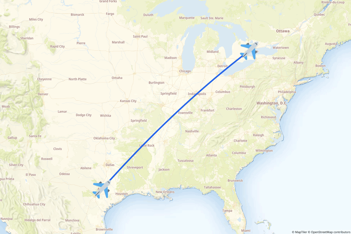 Map of the Toronto to Austin route
