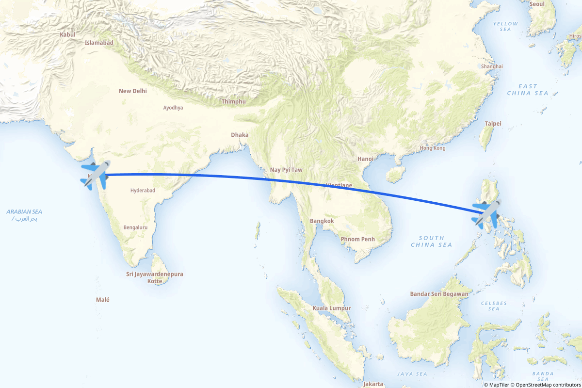Map of the Manila (Pasay) to Mumbai route
