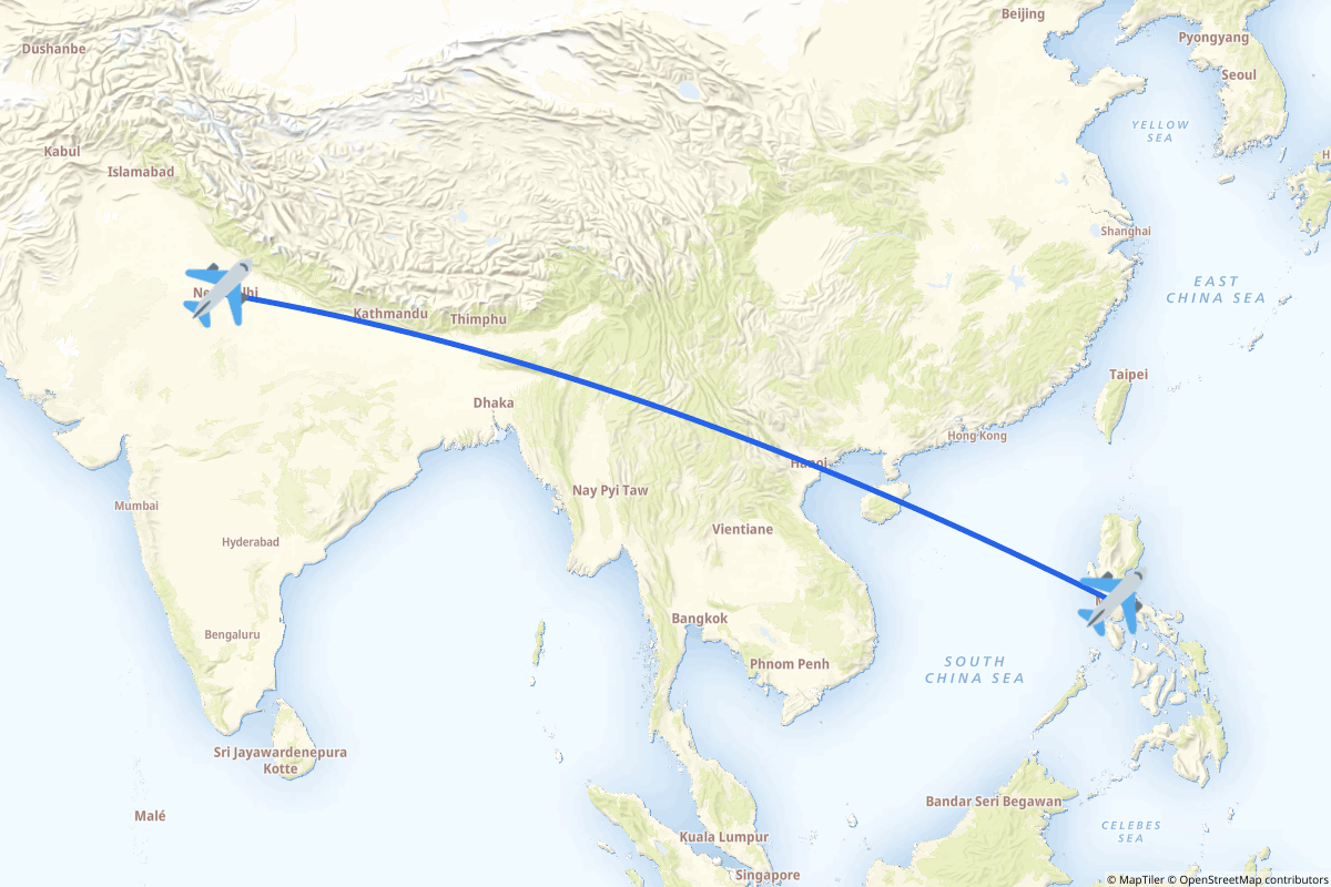 Map of the Manila (Pasay) to New Delhi route