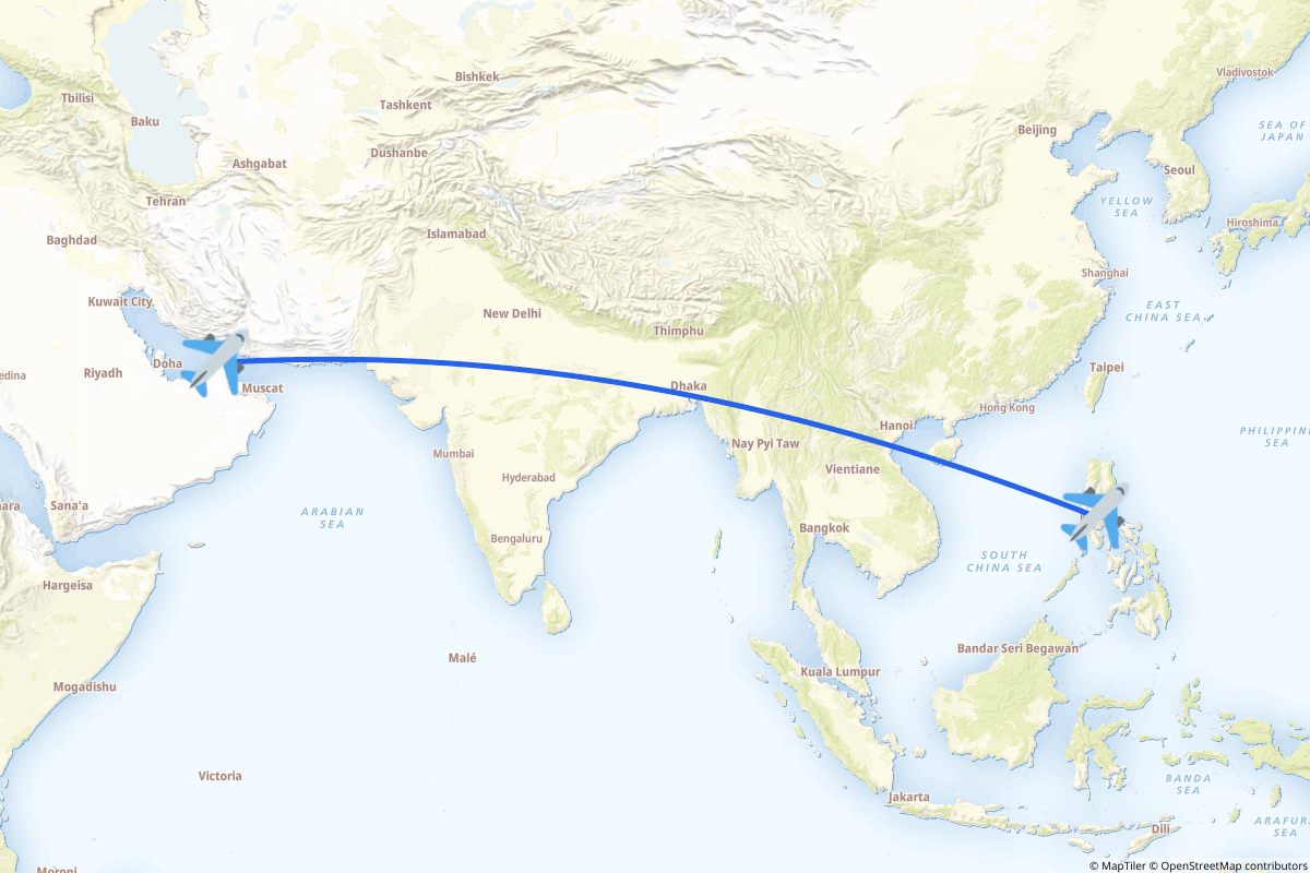 Map of the Manila (Pasay) to Dubai route