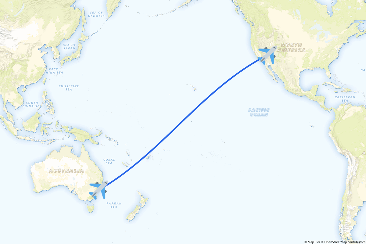 Map of the Sydney (Mascot) to Las Vegas route