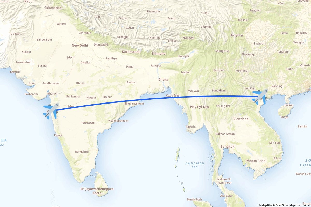 Map of the Mumbai to Hanoi (Soc Son) route