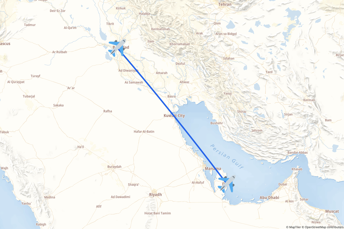 Map of the Doha to Baghdad route