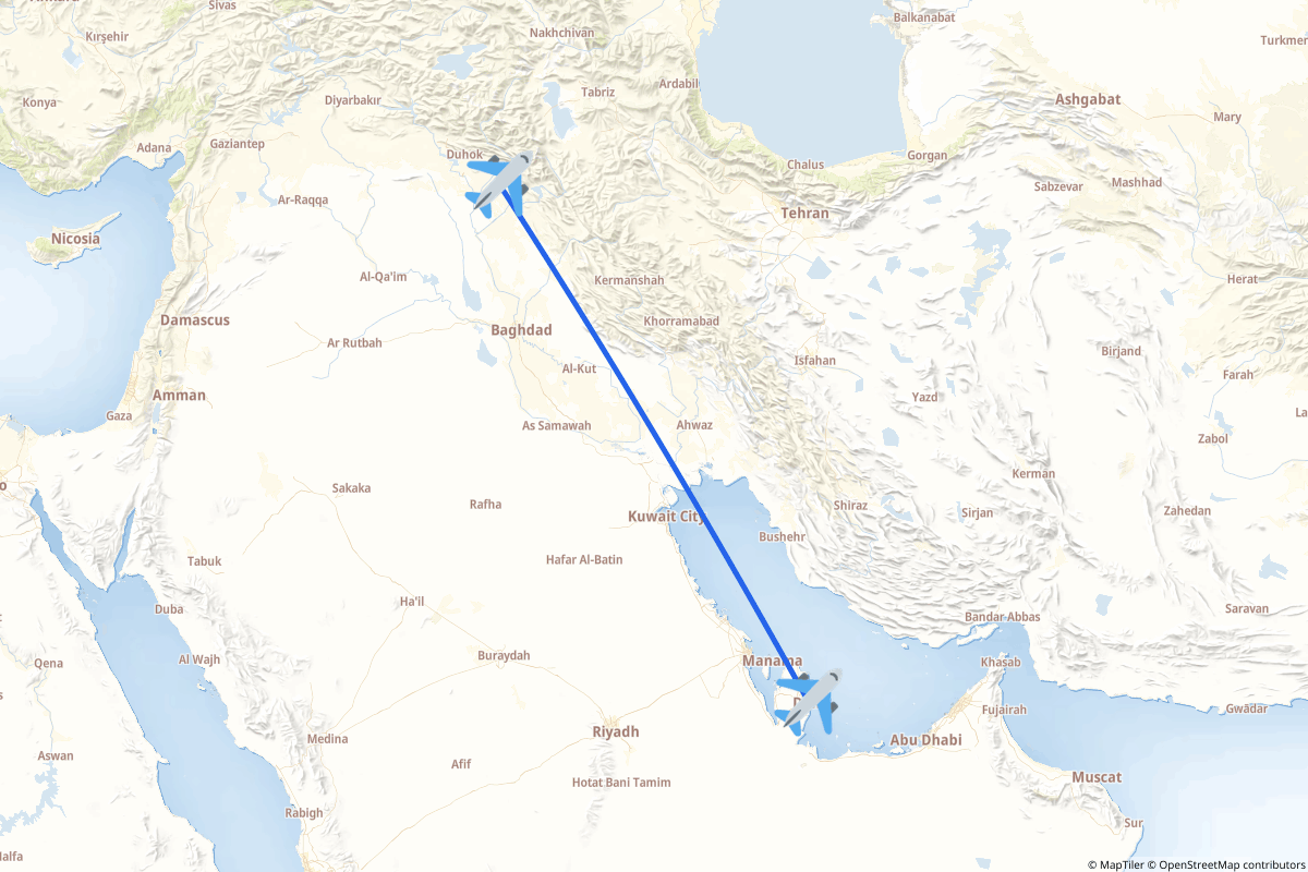 Map of the Doha to Arbil route