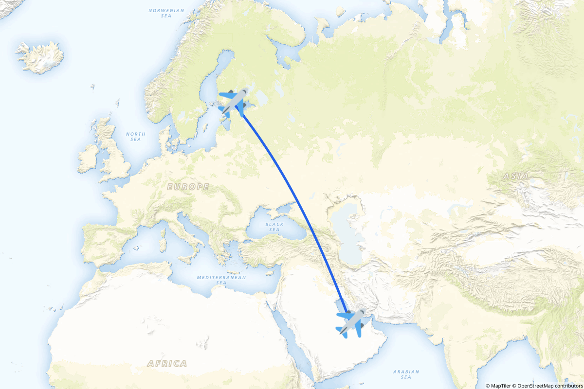 Map of the Doha to Helsinki (Vantaa) route
