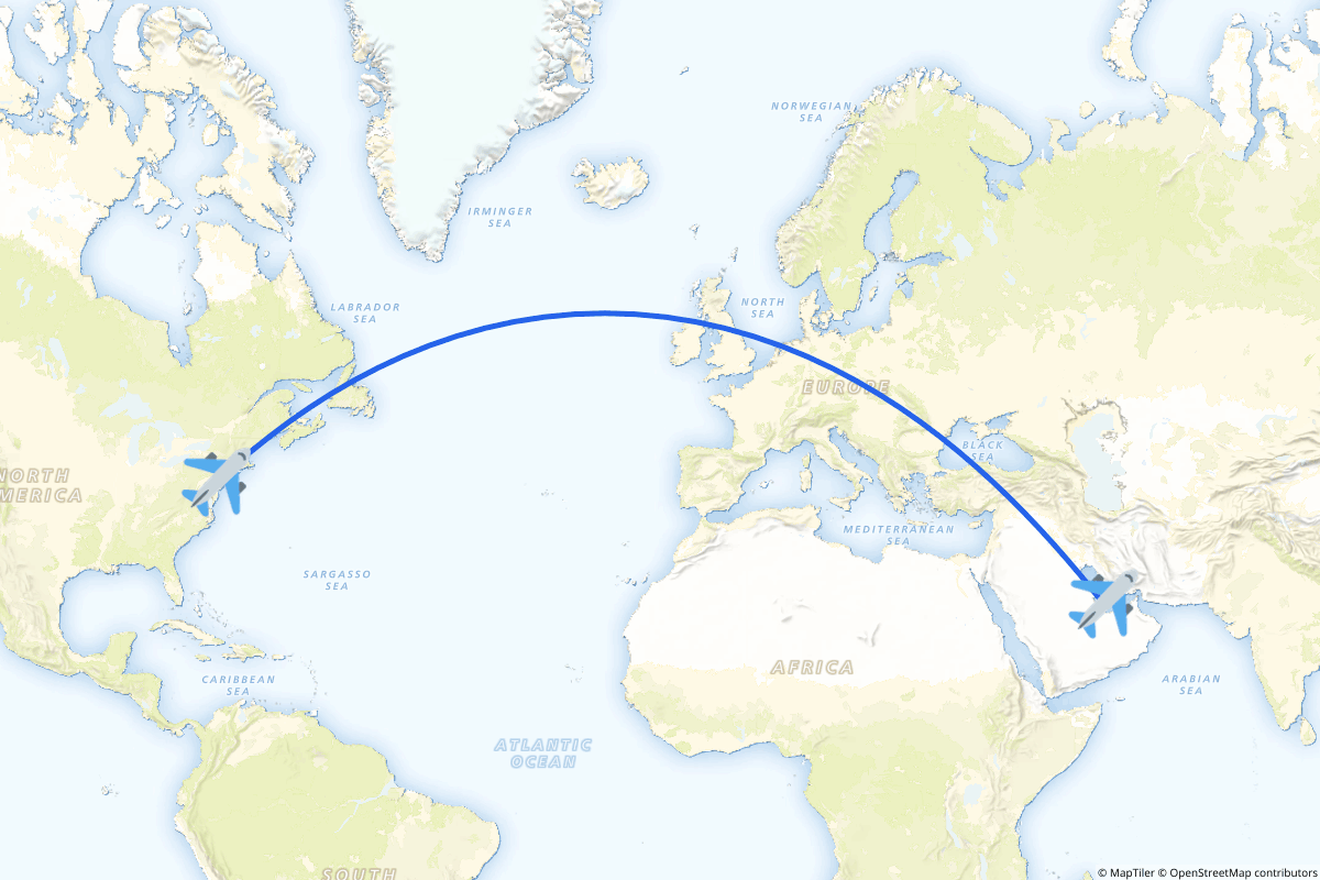 Map of the Doha to Philadelphia route
