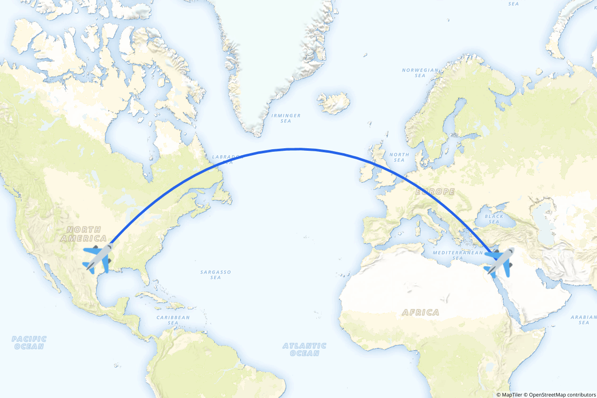 Map of the Amman to Dallas-Fort Worth route