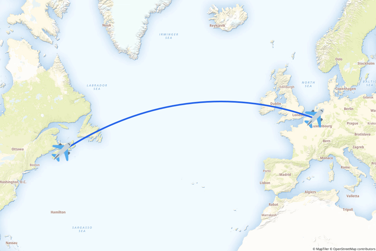Map of the Halifax to Zaventem route