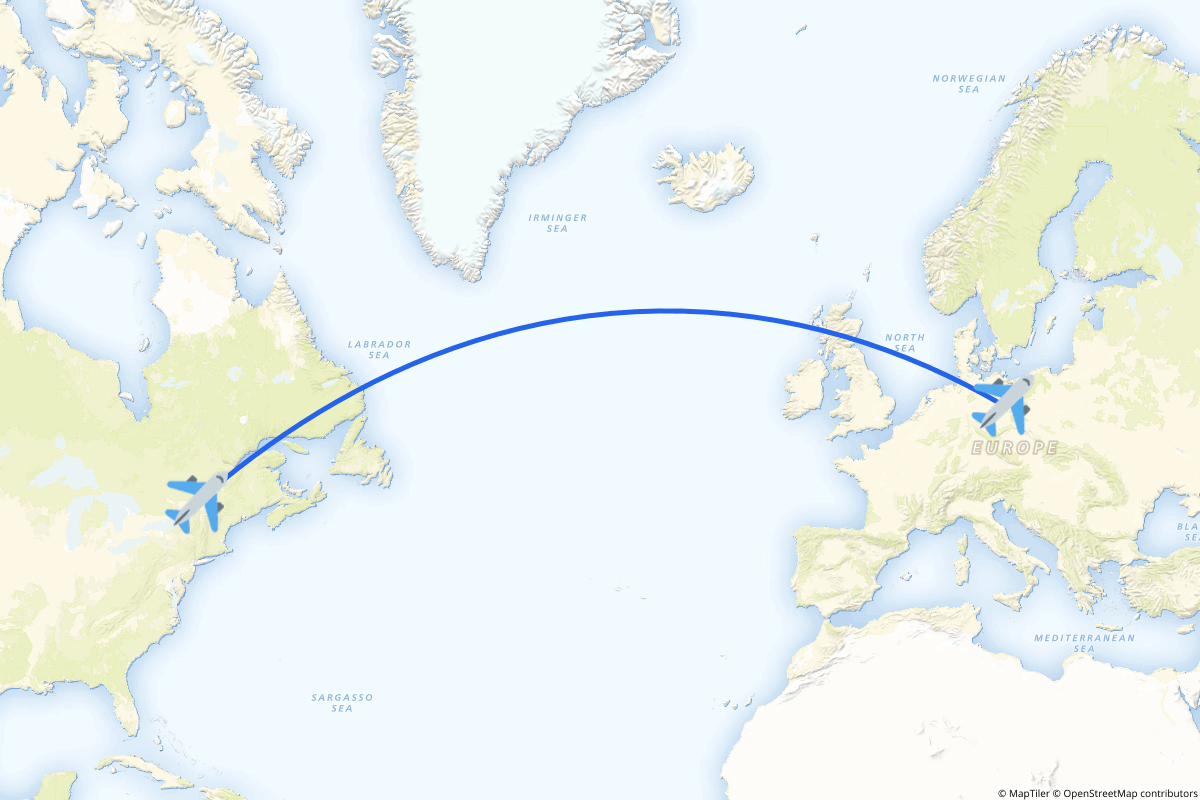 Map of the Montréal to Berlin route