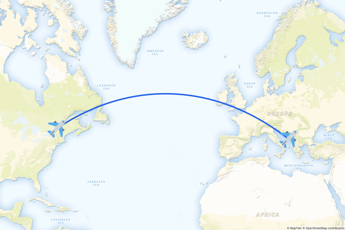 Map of the Montréal to Čilipi route