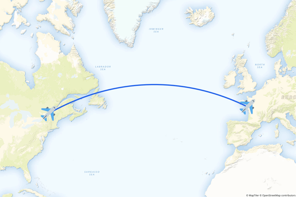 Map of the Montréal to Nantes route