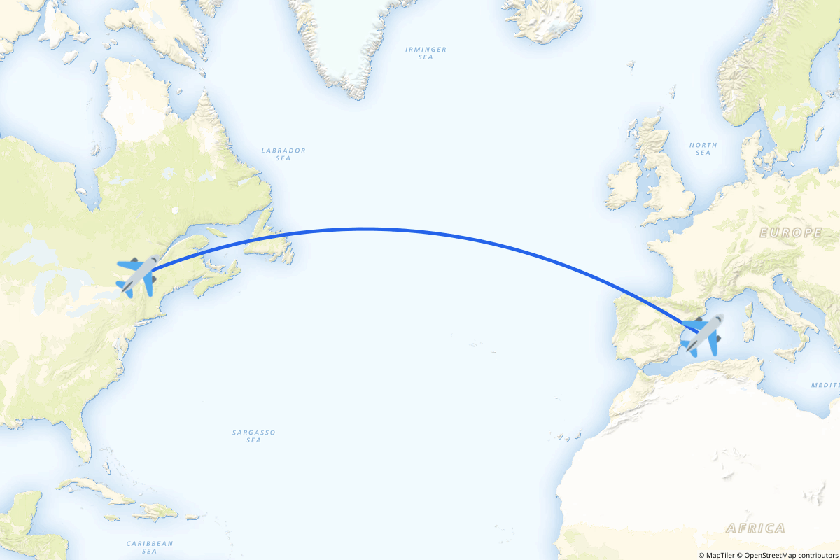 Map of the Montréal to Palma de Mallorca route