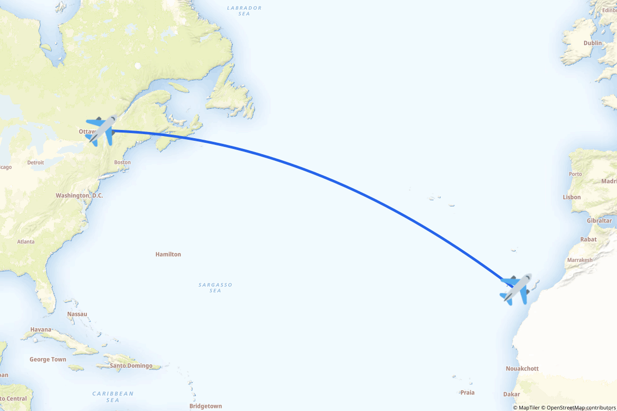 Map of the Montréal to Tenerife route