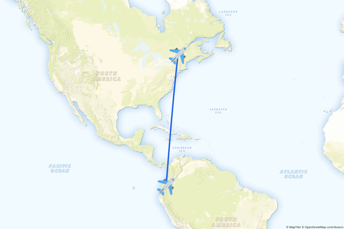 Map of the Montréal to Quito route