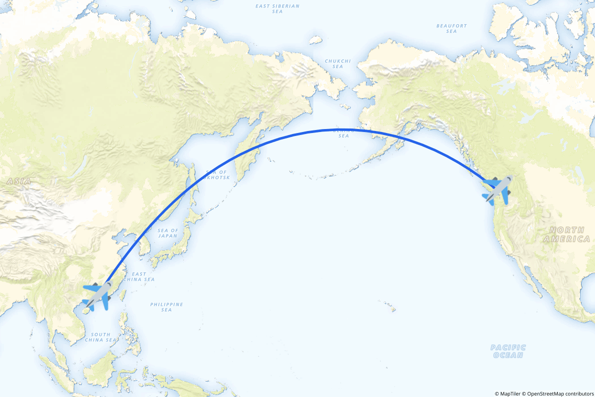 Map of the Vancouver to Guangzhou (Huadu) route