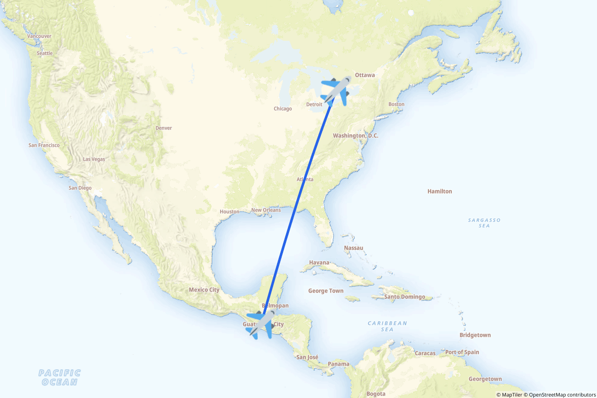 Map of the Toronto to Guatemala City route