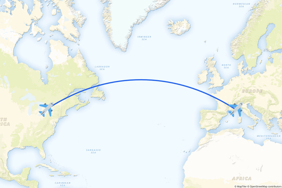 Map of the Toronto to Nice, Alpes-Maritimes route