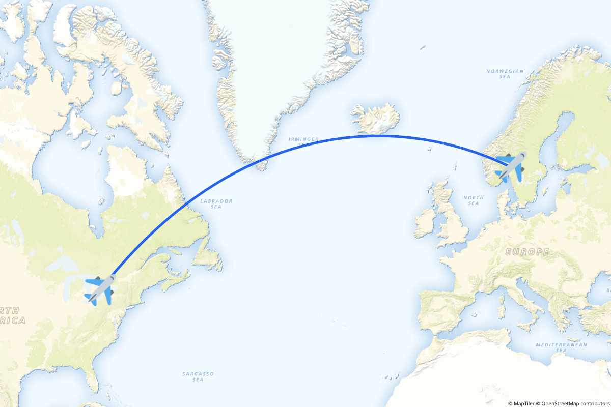Map of the Toronto to Oslo (Gardermoen) route