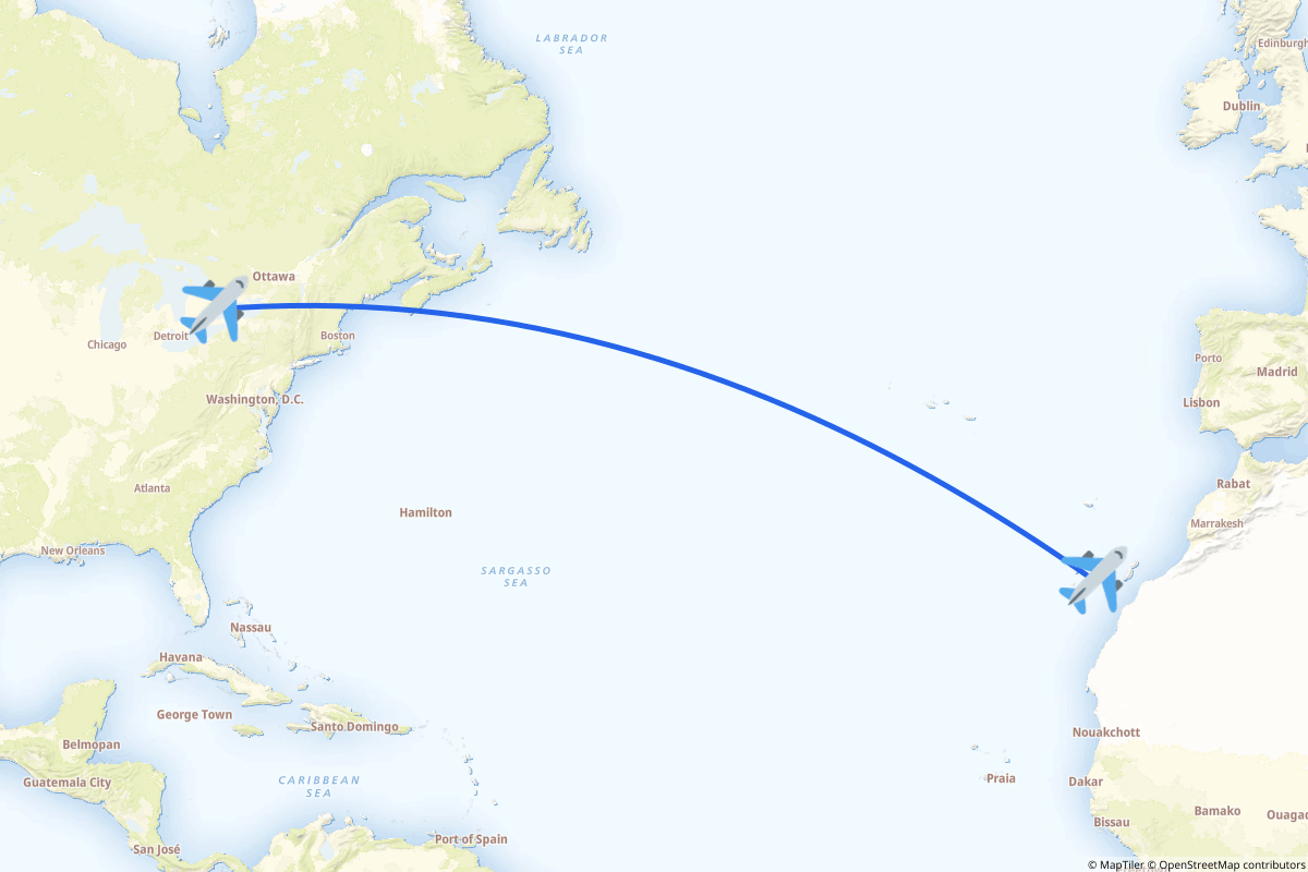 Map of the Toronto to Tenerife route