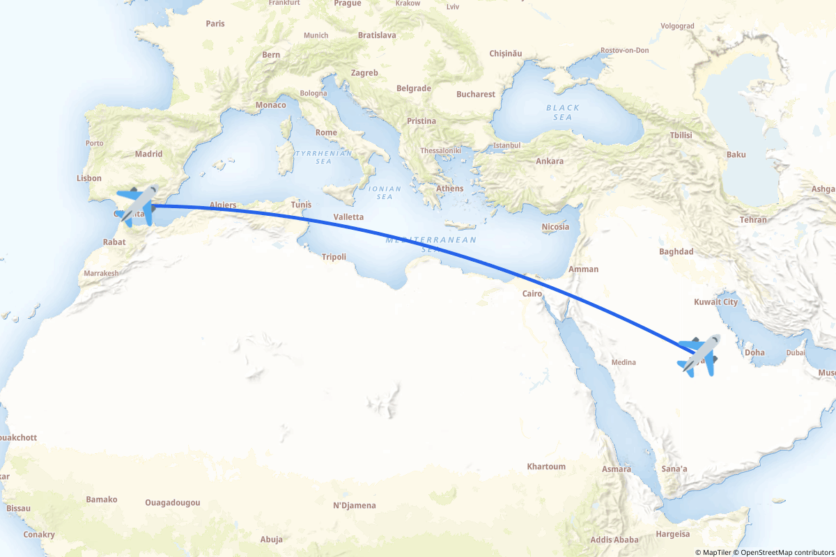 Map of the Riyadh to Málaga route