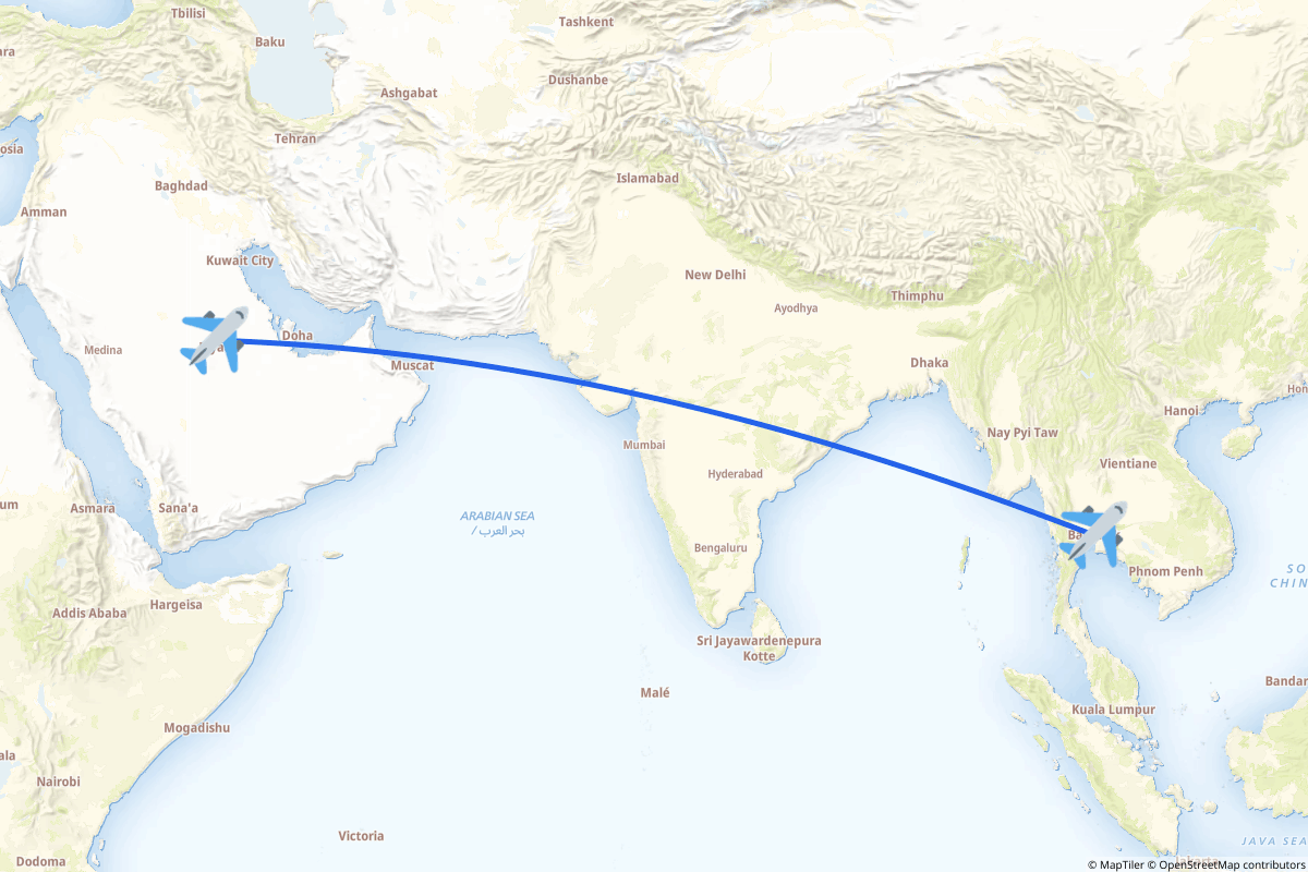 Map of the Riyadh to Bangkok route