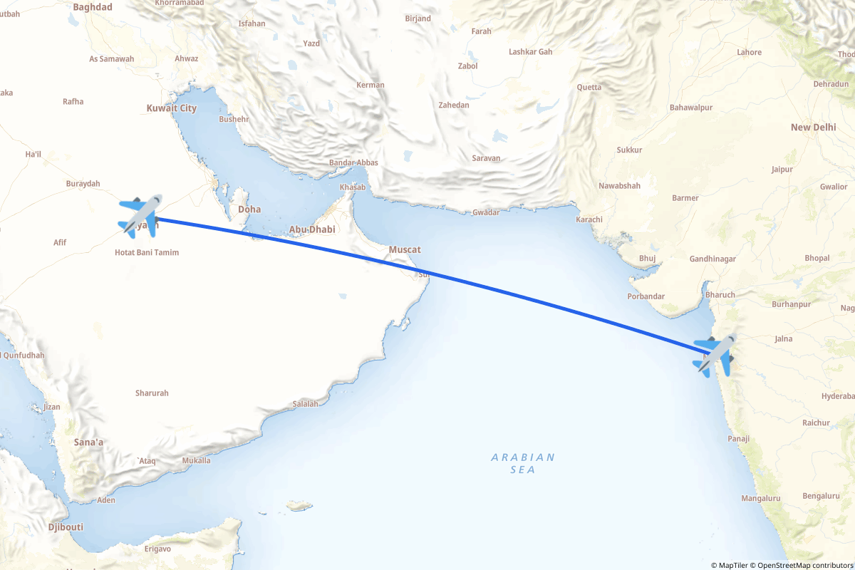 Map of the Riyadh to Mumbai route