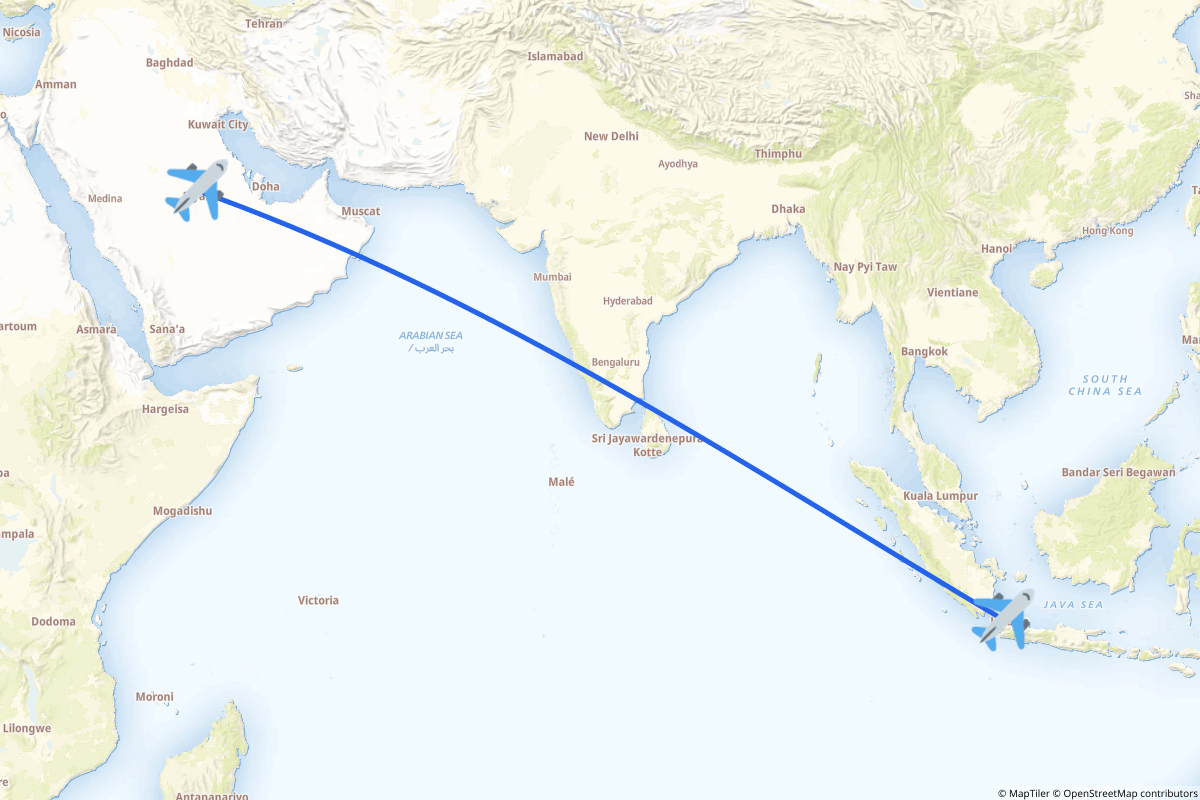 Map of the Riyadh to Jakarta route