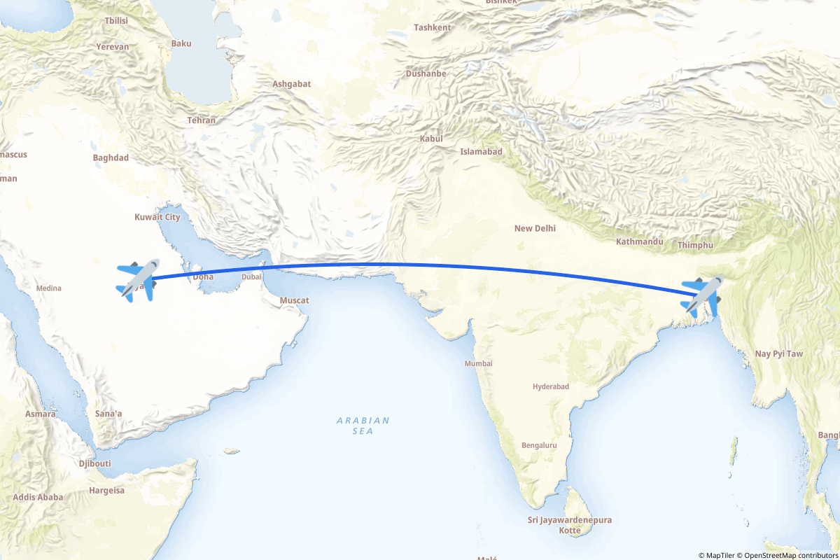 Map of the Riyadh to Dhaka route