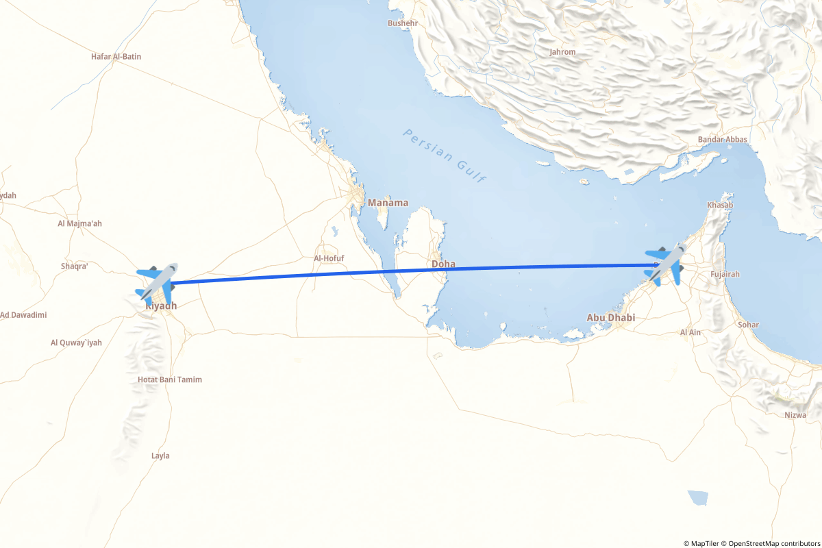 Map of the Riyadh to Dubai route