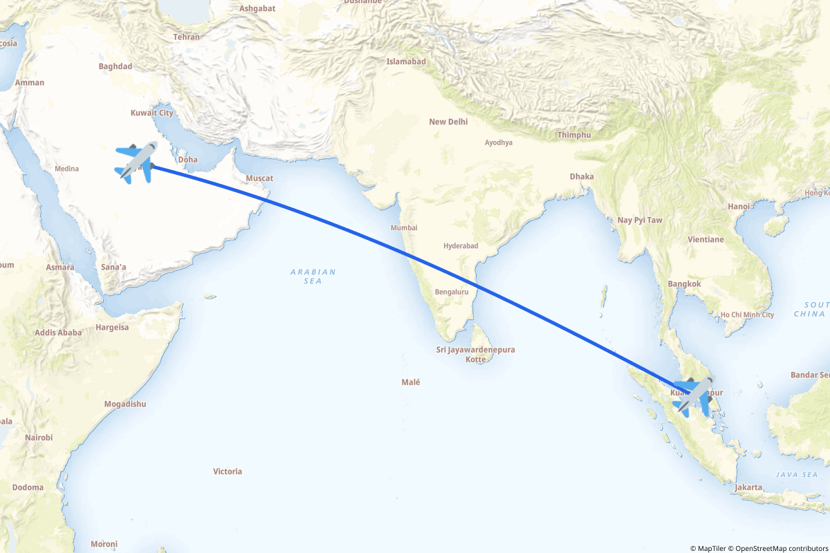 Map of the Riyadh to Sepang route