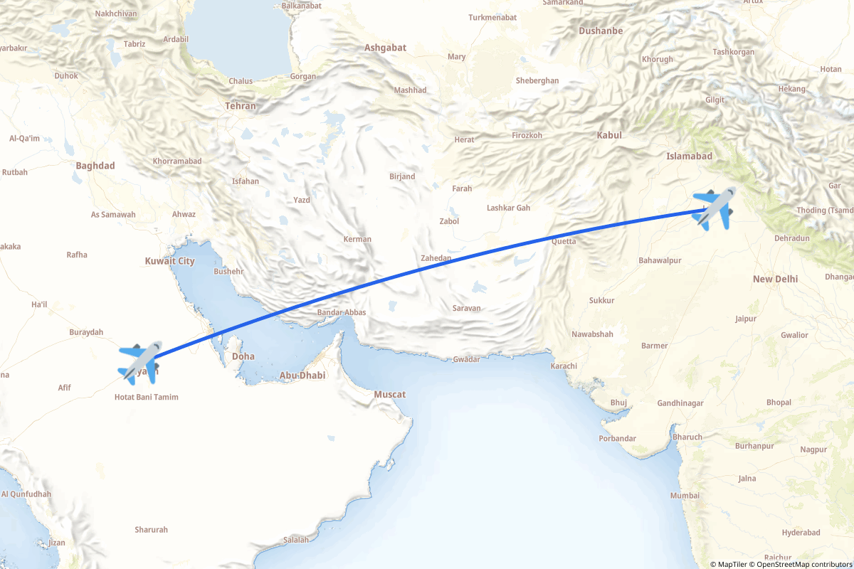 Map of the Riyadh to Lahore route