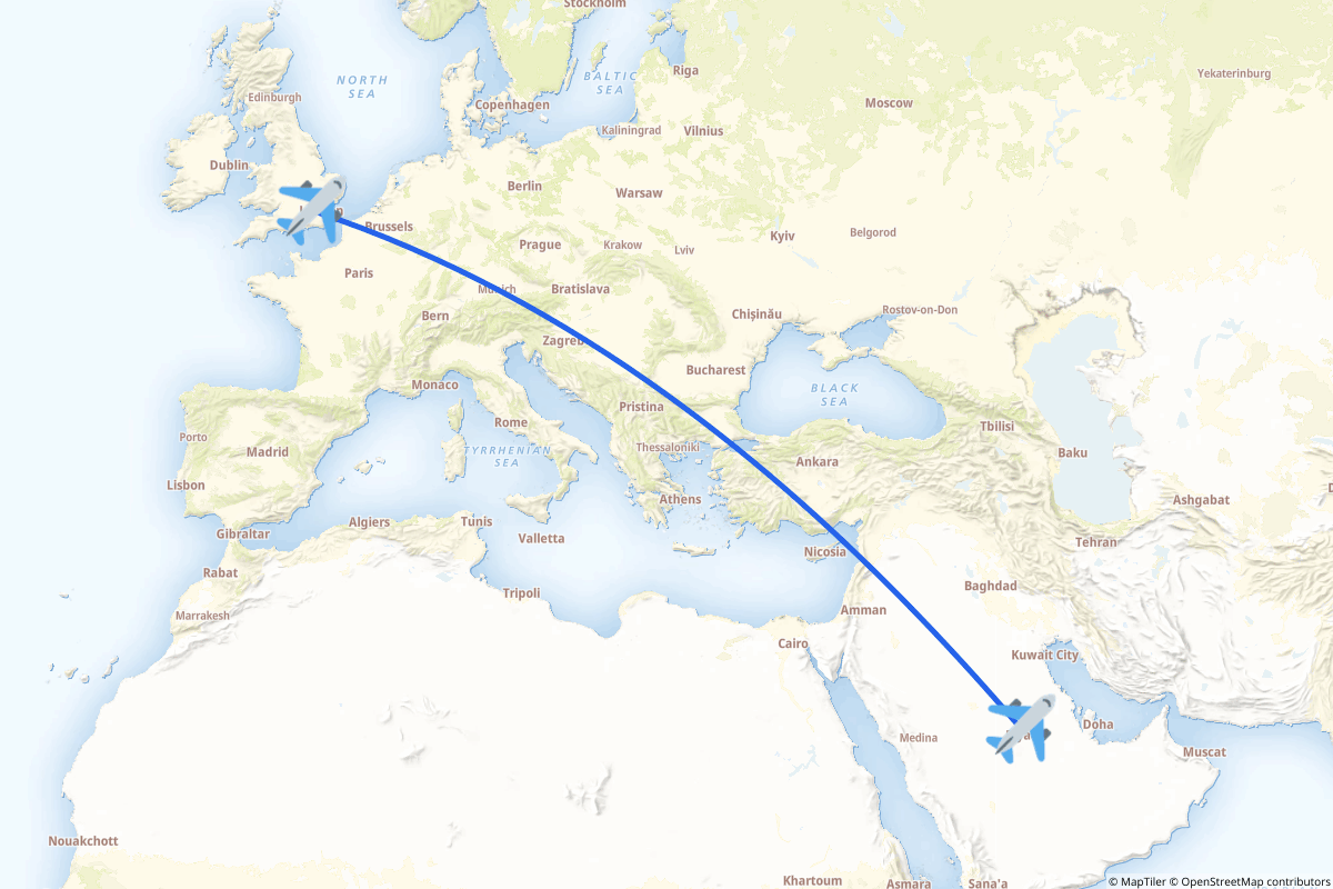 Map of the Riyadh to London route