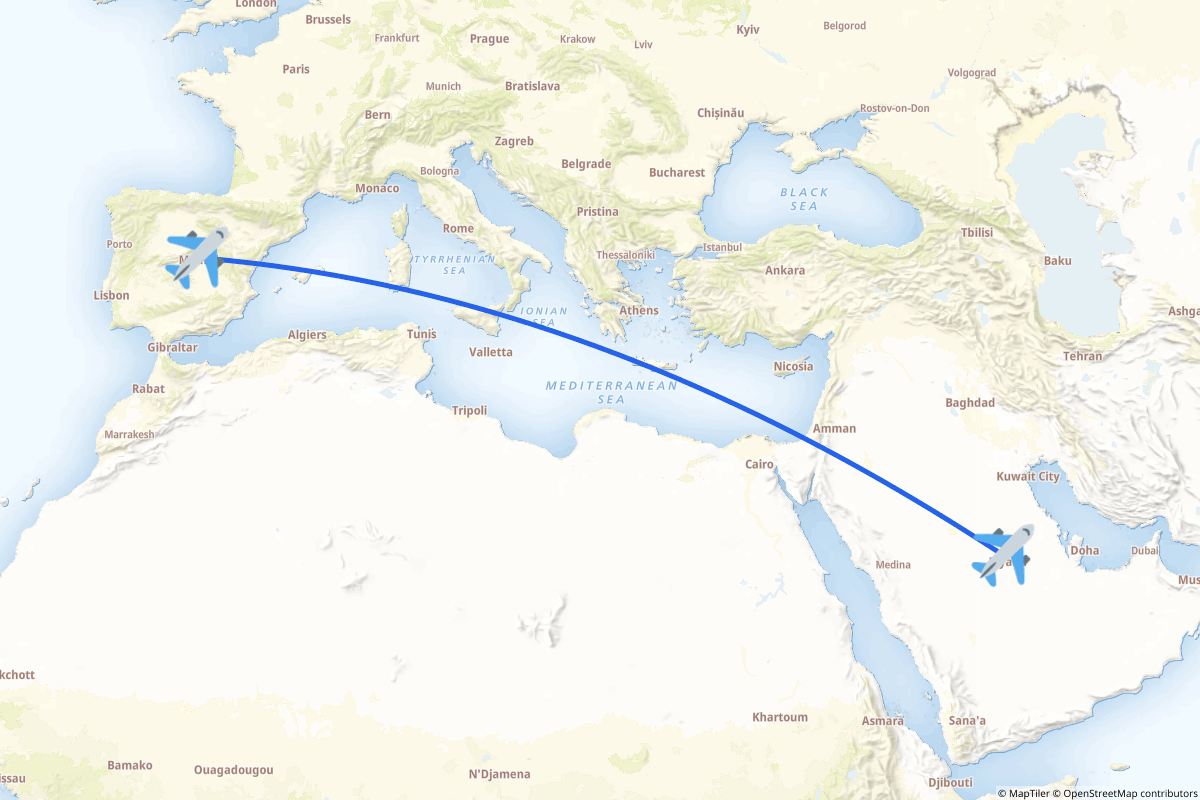 Map of the Riyadh to Madrid route