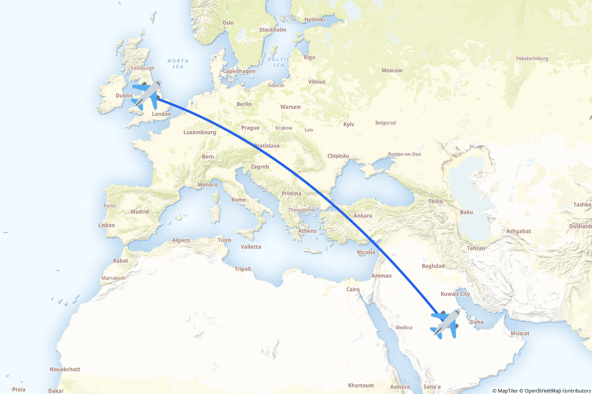 Map of the Riyadh to Manchester, Greater Manchester route