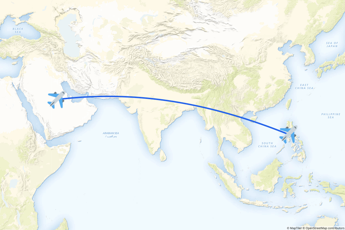 Map of the Riyadh to Manila (Pasay) route
