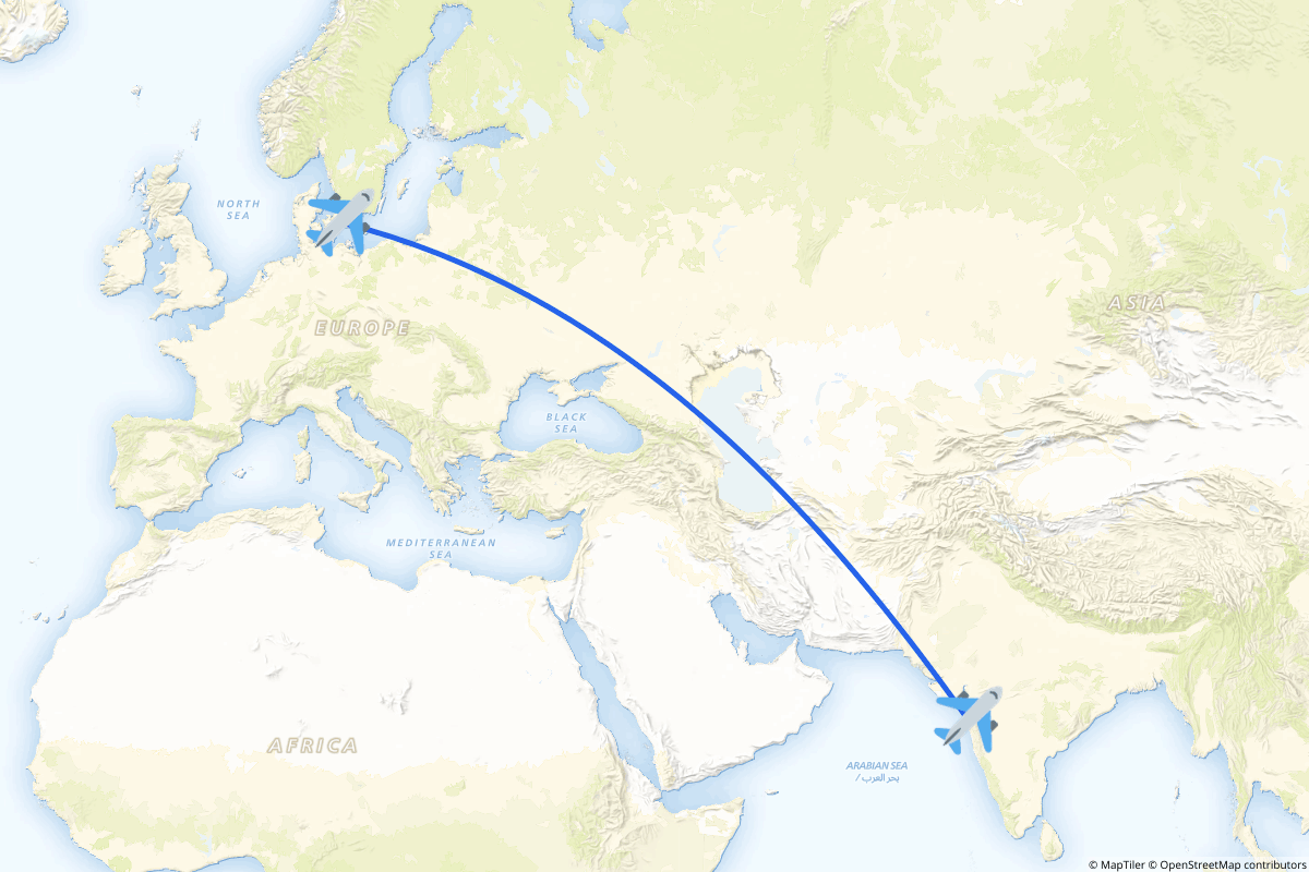 Map of the Copenhagen to Mumbai route
