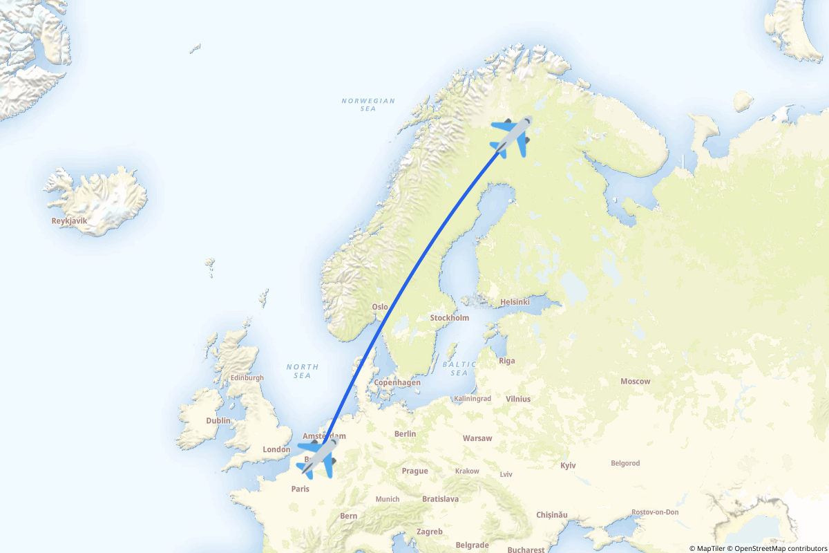 Map of the Zaventem to Kittilä route