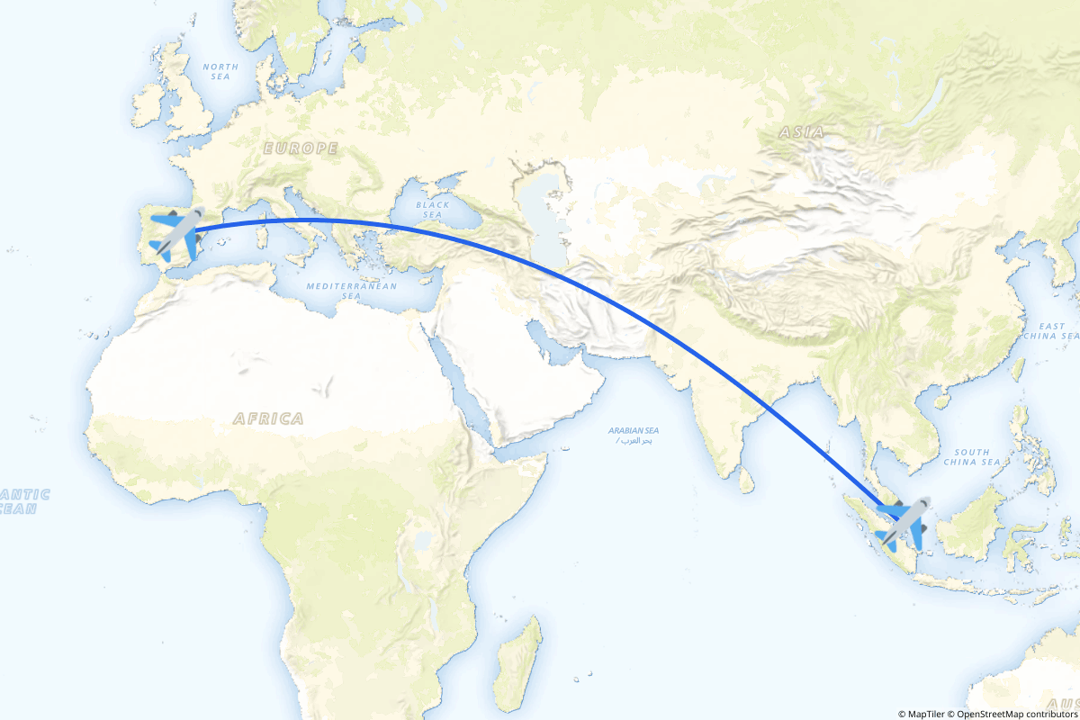 Map of the Singapore to Madrid route