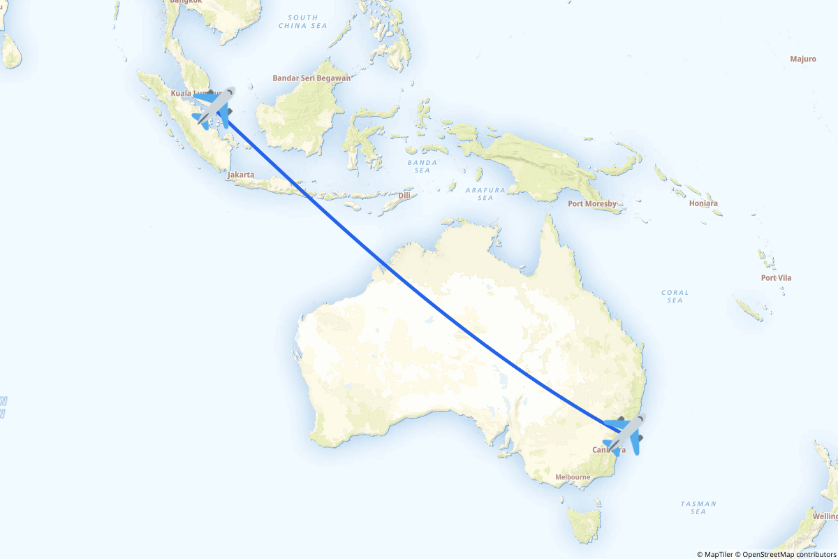Map of the Singapore to Sydney (Mascot) route
