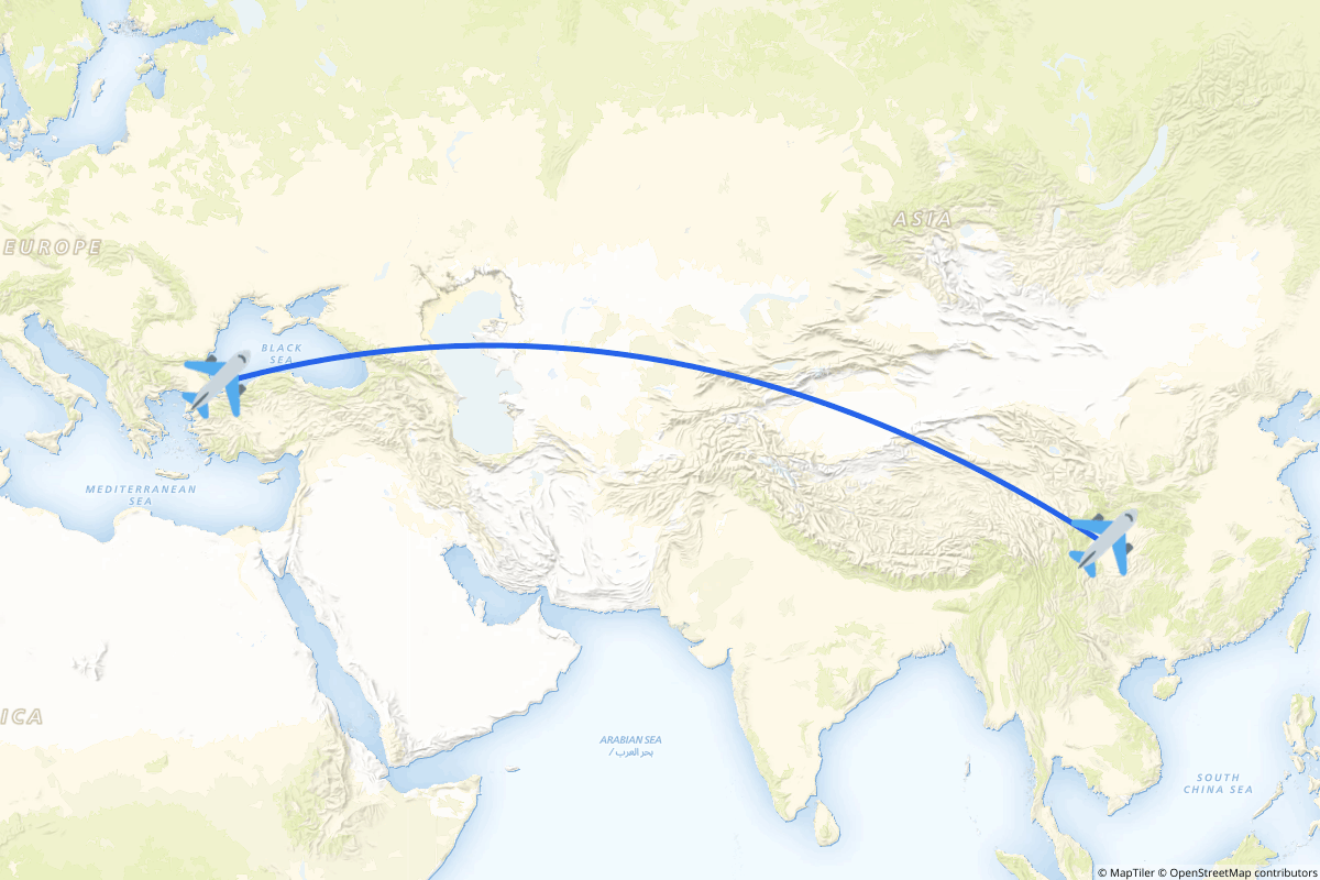 Map of the Arnavutköy, Istanbul to Chengdu (Jianyang) route