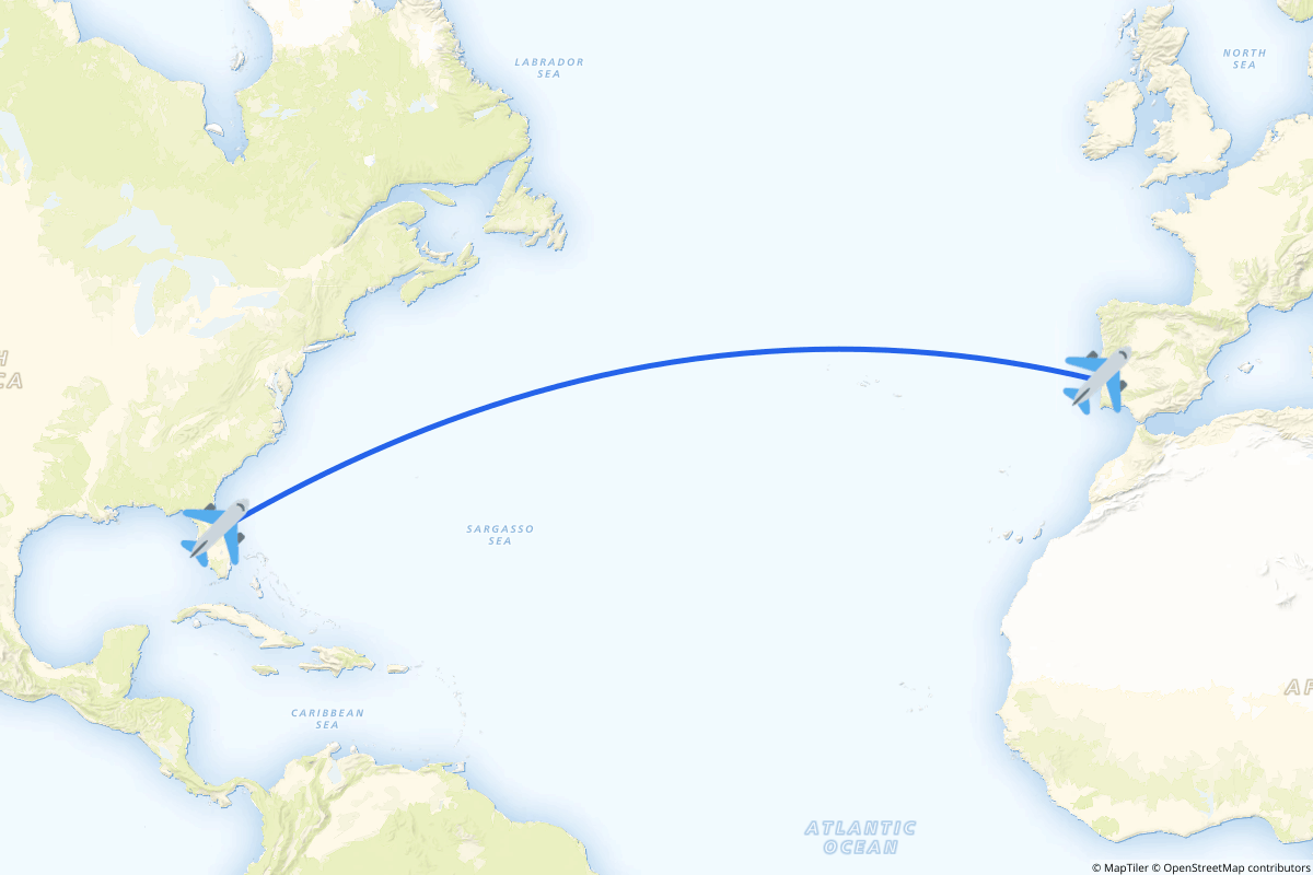 Map of the Lisbon to Orlando route